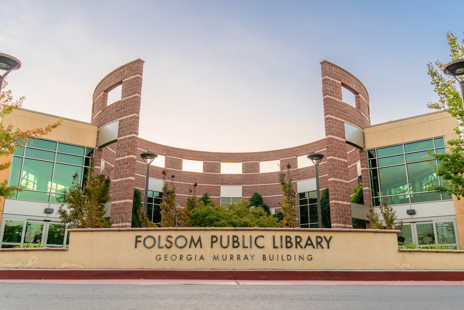 Folsom Public Library front entrance and sign